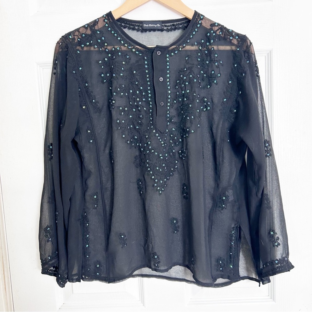 Flowy Sheer Black Long-Sleeve Blouse Beaded Details Size Small